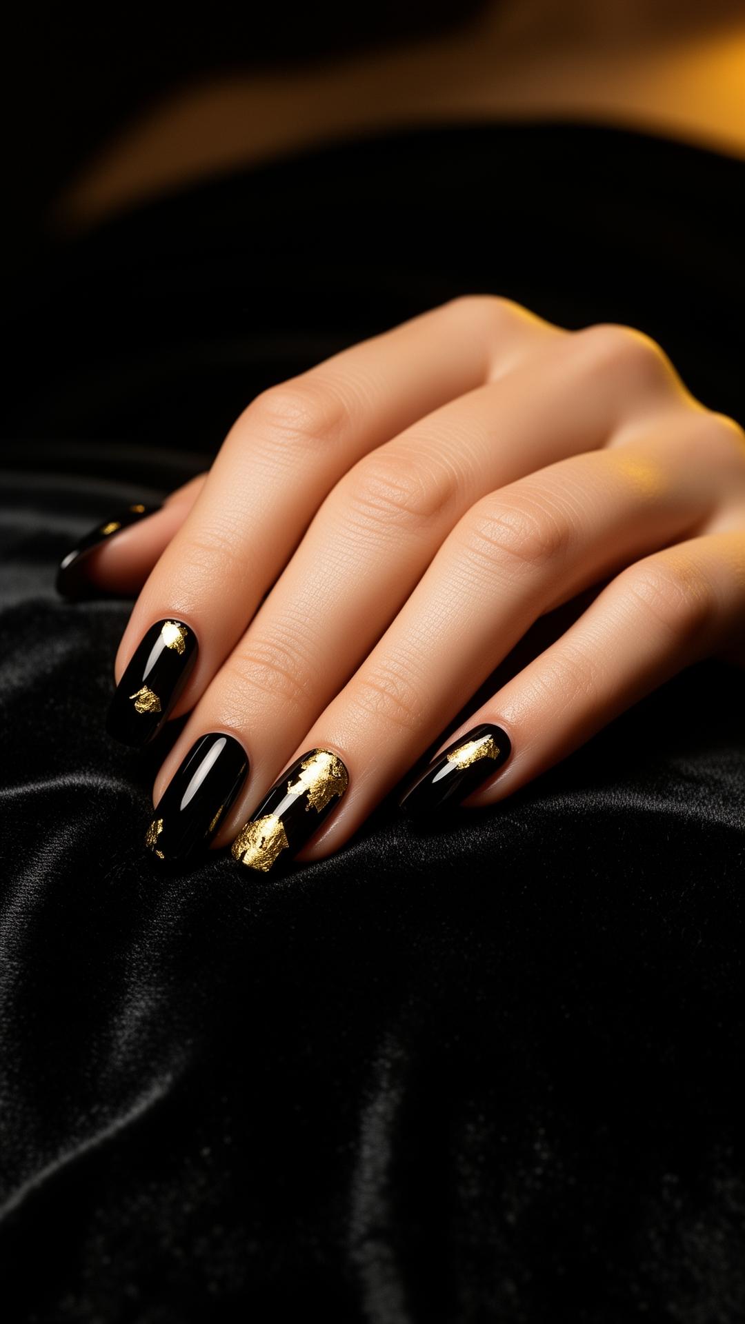 Black manicured nails with gold foil accents on velvet